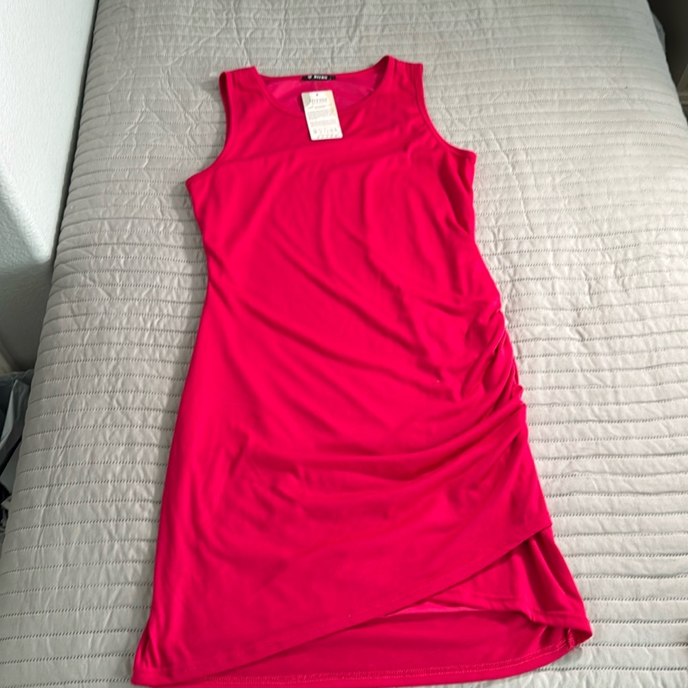 Btfbm women’s Vibrant Pink Sleeveless side rouche bodycon Dress Sz Large